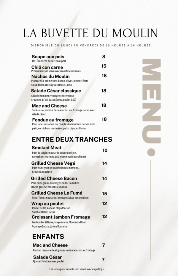 Menu en semaine de la Buvette du Moulin incluant fondue, grilled cheese et options enfants