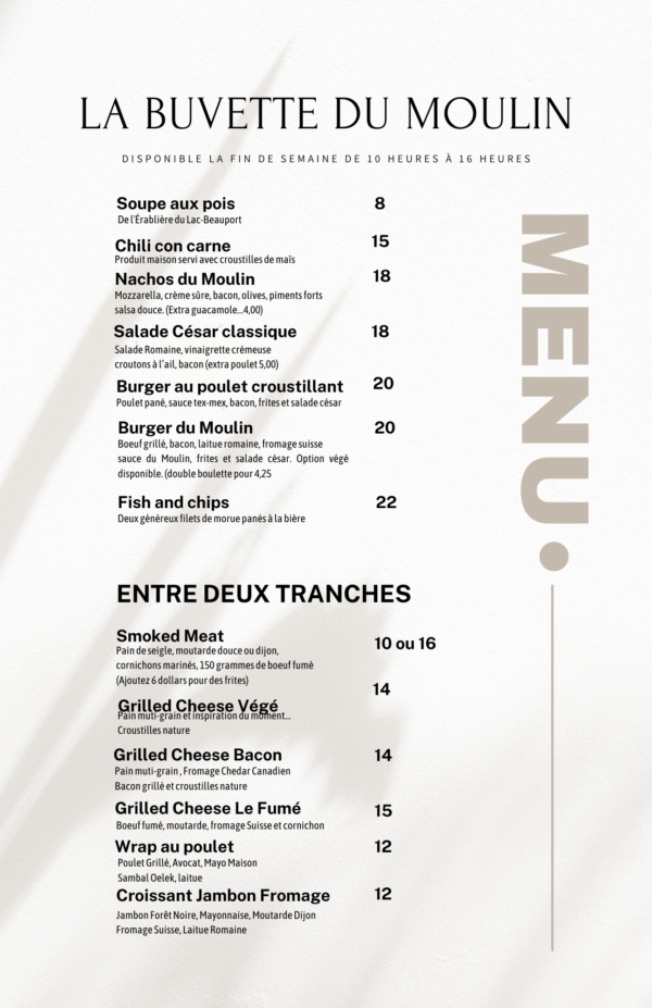 Menu de fin de semaine de la Buvette du Moulin avec soupes, burgers et sandwichs variés